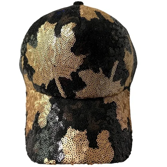 Beautiful Sequin Leaf Design Black and Gold Glam Cap, adjustable size - Picture 2 of 11